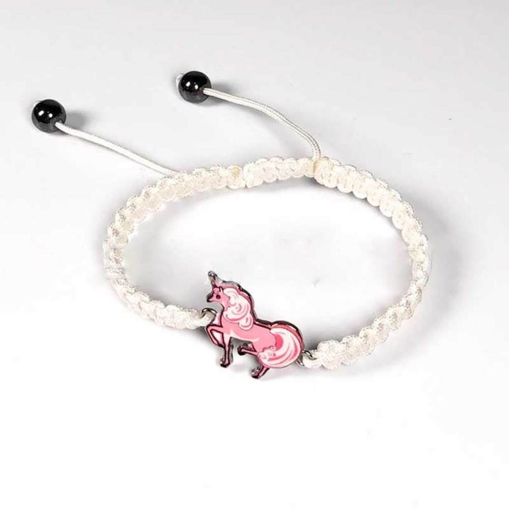 Pink Enamel Unicorn Charm Adjustable White Silk Cord Bracelet~~NWOT